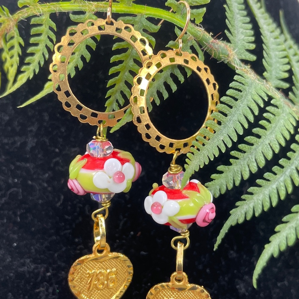 ⭐️Adorned Crown lamp work floral bead heart charm earrings